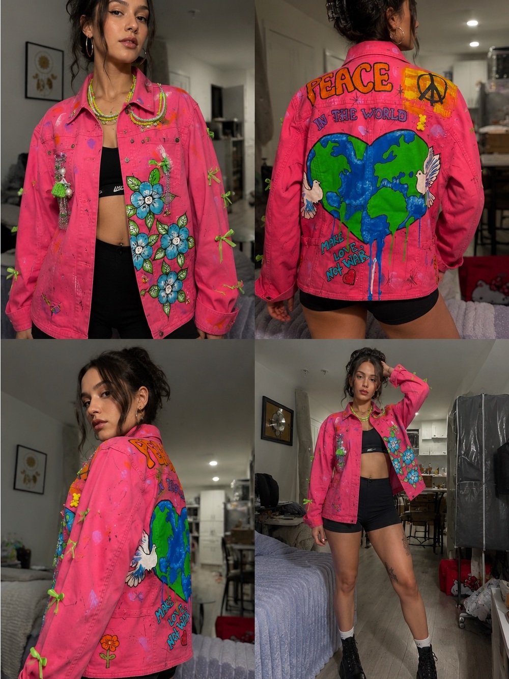 Hand-Painted Pink Peace Denim Jacket - Women's Statement Coat